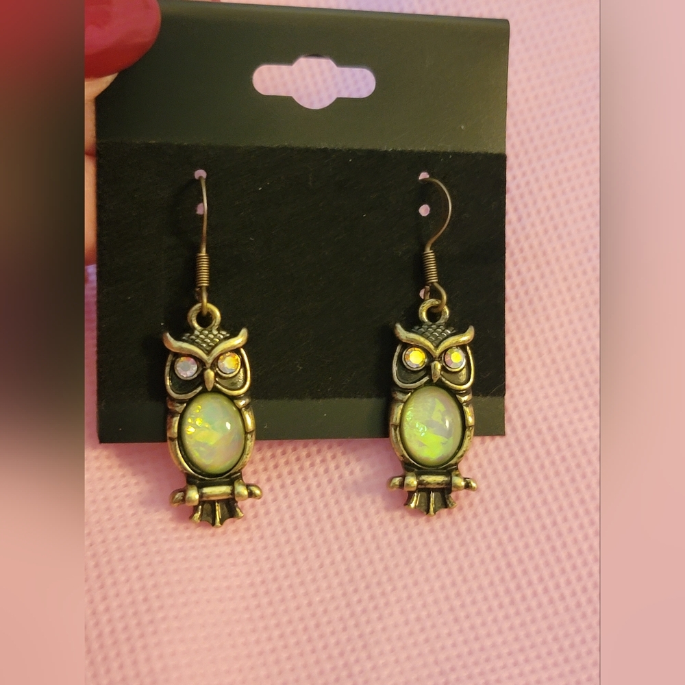 NWT Handcrafted Gold Owl Earrings with Faux Opal Accents